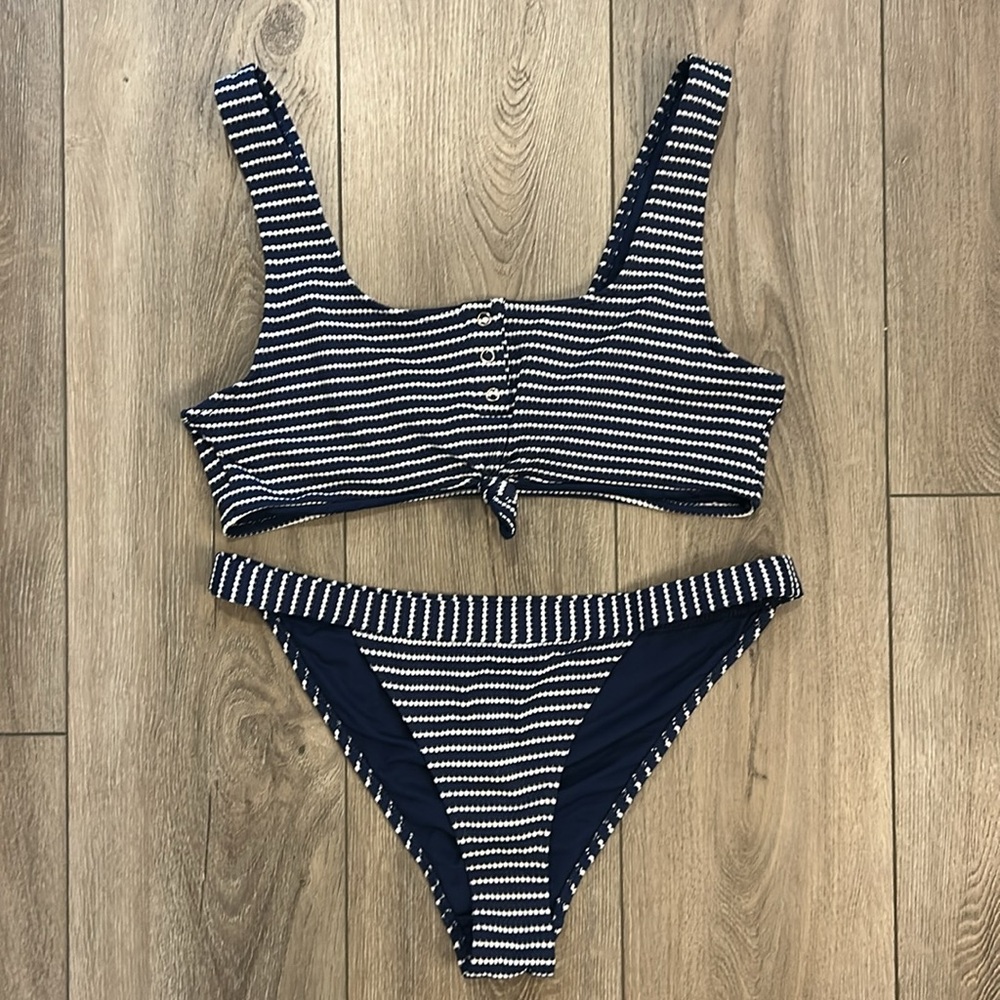 Cabana Del Sol Women's Striped Bikini Set - Navy Blue/White - Large - Picture 1 of 4